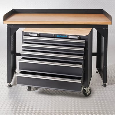 Datona® Werkbank PRO - eiken werkblad - gereedschapswagen - 150 cm - Zwart
