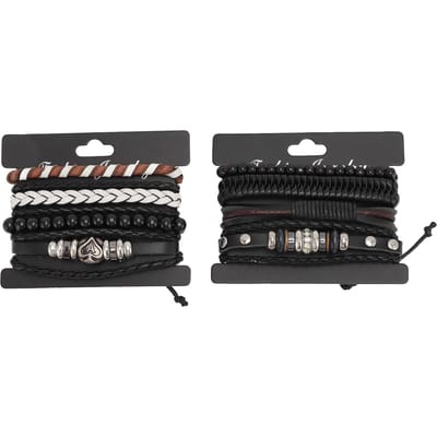 Meerlaagse Gevlochten Polsband PU Leer Vintage Universeel Unisex Afrikaanse Kralen Armband Zwart black