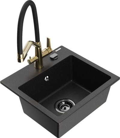 Mexen Milo granieten spoelbak 1-komerig met Duo keukenkraan, zwart/gouden metallic - 6505-75-671701-57-B