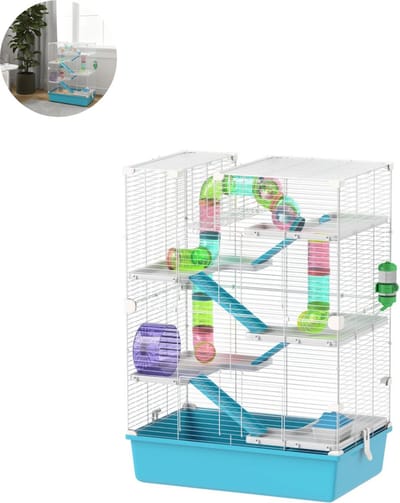 Hamsterkooi - Cavia kooi - Rattenkooi - Speelgoed - Huisje - 2 Niveaus - Verwijderbare Lade - Met Voederstation - Zaag - Loopplank - Hutten - Hangbrug - Staal - 58L x 36B x 81H cm - Lichtblauw