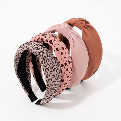 Set van 4 haarbanden dames – stoffen haarbanden met knoopdetail – roze, bruin en panterprint designs – brede handmade haar accessoires