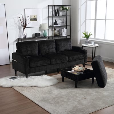 BLACKCOLORS Elegante bank met poef en opbergruimte – 4-zits met comfortabele armleuningen, bekerhouders, zijvakken en stevige kunststof poten, fluwelen bekleding voor aangenaam comfort