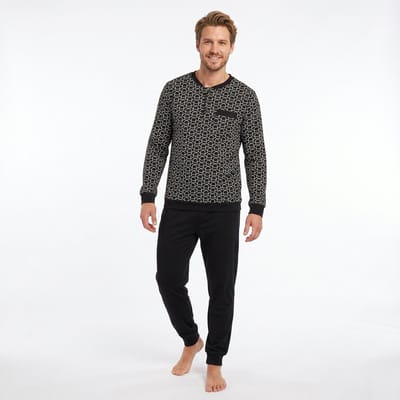 Heren Pyjama Met knoopjes Lange Mouw Lange Broek - Katoen - Zwart - Maat 3XL - 2501-Black-3XL