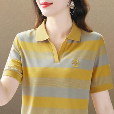Middelbare leeftijd Revers Korte Mouw T-shirt voor Vrouwen In de Zomer Nieuw Middelbare Leeftijd Moeders Grote Maat Top High-end Poloshirt voor Vrouwen 4XL geel