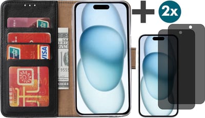 Hoesje met Privacy Screenprotectors 2 Stuks Geschikt voor iPhone 15 Plus – Arara bookcase met pasjeshouder - Zwart