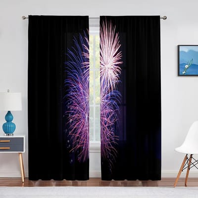 Rideaux Voile Transparents Imprimés Feux d'Artifice Colorés Épanouis pour Salon Chambre Rideau de Fenêtre en Tulle Décoration de Maison Balcon Drapés 1 PCS W100XH250cm&Grommet Top