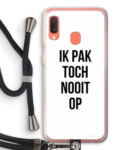 Case Company® - Hoesje met koord geschikt voor Samsung Galaxy A20e hoesje met Koord - Ik pak nooit op - Telefoonhoesje met Zwart Koord - Bescherming aan alle Kanten en Over de Schermrand