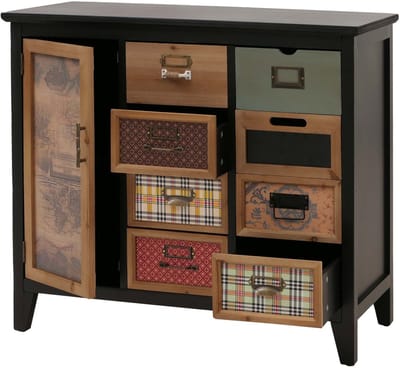 Apothekerskast MCW-O63, kast met lades, etikettenhouder, vintage shabby patroon, hout 80x91x40cm ~ behuizing zwart
