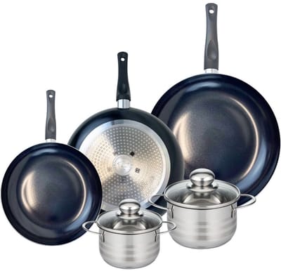 Set van 3 Koekenpannen 24, 28 en 32 cm en 2 kookpotten 14 en 16 cm Elo Prima Glanzend