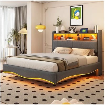 Merax Gestoffeerd bed 140 x 200 cm met hoofdeinde - LED's, USB en TYPE-C - Linnenstof - Lattenbodem - Grijs