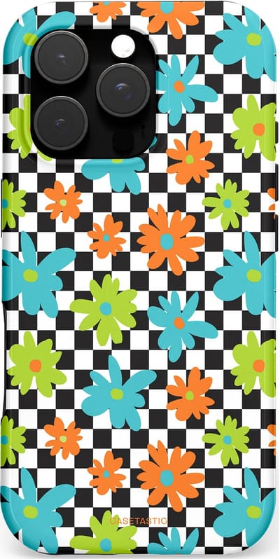 Casetastic hoesje geschikt voor Apple iPhone 16 Pro - MagSafe - Dubbellaagse bescherming - Retro Bloem Power - Fashion Case - Zwart Turquoise Grijs Wit