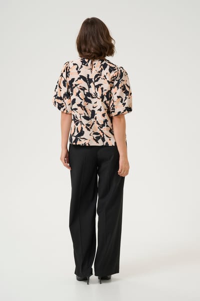 Blouse met korte mouwen A-shape Beige/Black/Peach Blurry Leaf beige