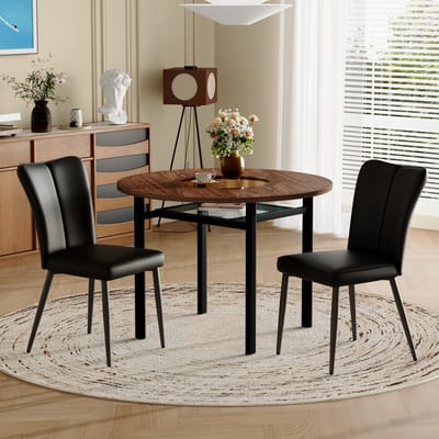 Moderne minimalistische ronde eettafelset (met 2 zwarte PU-stoelen), ronde tafel met een diameter van 100 cm in houtlook, geschikt voor eetkamer en keuken.