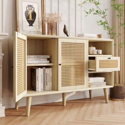 REDOM Sideboard Eiken 120×40×80 cm - MDF dressoir met 1 lade, 4 vakken, verstelbare planken en magnetische deuren