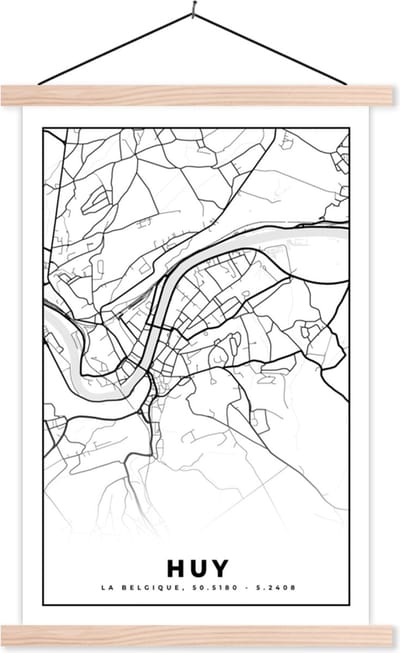 Posterhanger incl. Poster 40x60 cm - Schoolplaat - Stadskaart – Plattegrond – België – Zwart Wit – Huy – Kaart - Textielposter - Blanke latten - Stadskaart