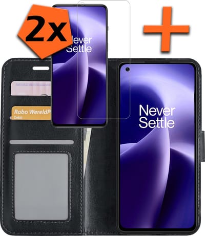 Hoes - Met 2x Screenprotector - Geschikt voor OnePlus Nord 2T - Luxe Pasjeshouder - Bookcase Portemonee - Flip Case - Kunstleer Book Case - Flipcase Hoes - Book Cover - Walletcase - PortemonneeHoes - Zwart