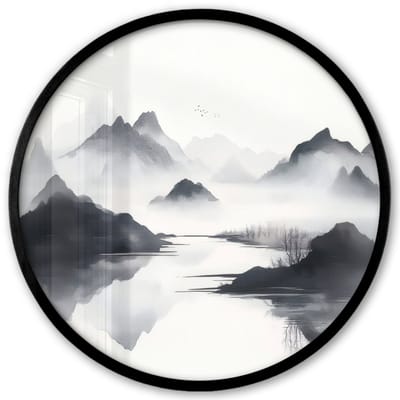 Poster in lijst Rond - Fotolijst 40x40 cm - Posters - Bergen - Mistig - Water - Wit - Ronde posterlijst zwart - Decoratie - Wanddecoratie woonkamer - Muurdecoratie slaapkamer