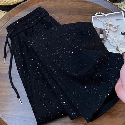 Glitterende met sterren gevulde wijde pijpen broek voor dames In de zomer Nieuwe hoge taille rechte vloerlange casual sport lange broek voor dames 3XL