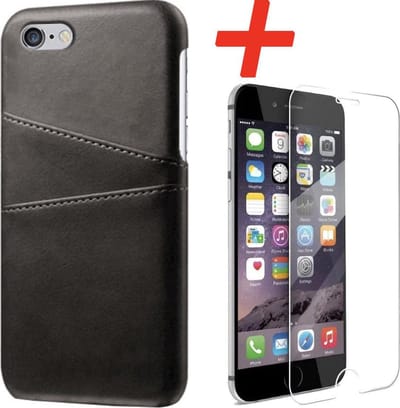 Backcover geschikt voor Apple iPhone 6 / 6s - Zwart - PU Leer - Pasjeshouder + Glas Protector