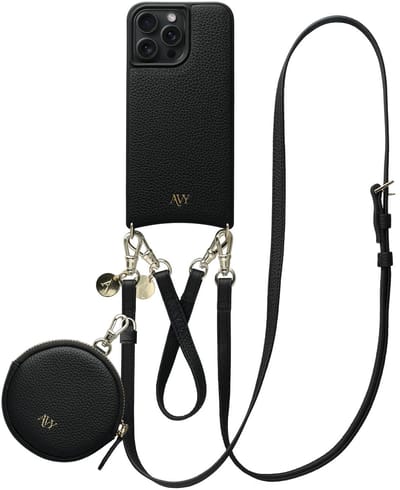AVY Leren Hoesje geschikt voor Apple iPhone 14 Pro Max | Met Koord en Mini Telefoontasje | Compatibel met MagSafe | Leather Case met 30CM & 130CM Koord & Pouch | Leather Set | Zwart