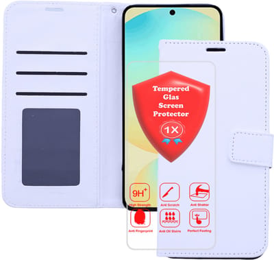 Bookcase Geschikt voor: Samsung Galaxy S25 Plus Wit - Portemonnee hoesje met 1x Glas Screen protector - Book Cover