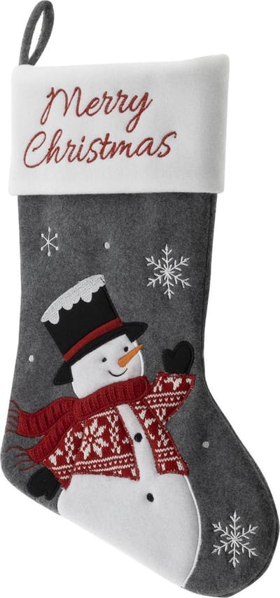 HI Decoratie kerstsok - grijs - met sneeuwpop - H45 cm - velvet - Merry Christmas