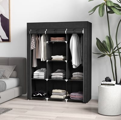 HAUSS SPOLE Kledingkast - Stoffen Kast Met 2 Hangstangen En 8 Planken - Opvouwbaar Voor Slaapkamer En Hal - Zwart - 125x43x162,5 Cm