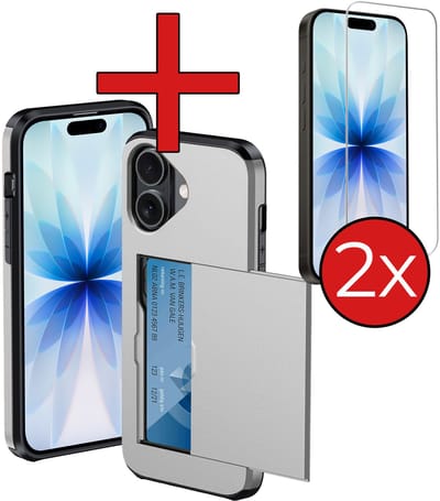 Hoesje Geschikt voor iPhone 17 Hoesje Met Pasjeshouder Hard Case Met Kaarthouder Met 2x Screenprotector - Hoes Geschikt voor iPhone 17 Hoesje Pashouder Case - Grijs