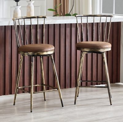 FloraGrace Barkruk – Set Van 2 In Windsor-Stijl Met Rugleuning – Gewatteerde Zitting En Metalen Frame Voor Keukeneiland, Bar Of Horeca – Stof – Bruin