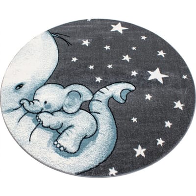 Muratap Kids olifant rond vloerkleed kinderkamer blauw / grijs laagpolig- 120 cm rond