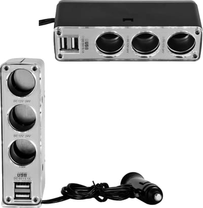 5-in-1 Autolader USB Splitter met 2 Poorten en 3 12V Verdeelpunten - 50cm Kabel, Zwart, 3.1A