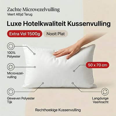 BINNENKUSSEN | Kussenvulling 50x70 cm | 1500 gram | Kussenvulling | 100% Polyester - Vulling | Microvezel