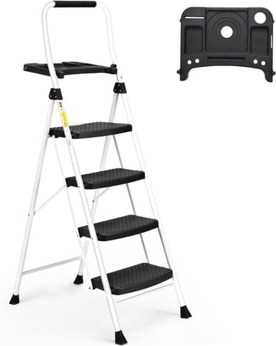 VIN® Huishoudtrap 4 Treden - Keukentrapje Basic Inklapbaar - Keukentrap Anti-slip – Trapladder - Opstapje – Vouwladder Belastbaar tot 220 kg – Ladders - Keukentrap