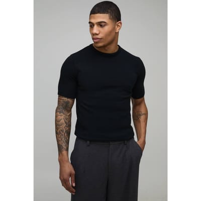 Essential Muscle Fit Soft Touch Knitted T-Shirt | Black | Size XS