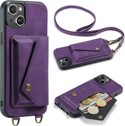 Casemania Hoesje Geschikt voor Apple iPhone 15 - Dark Purple - Luxe Backcover met Koord en Magnetische Sluiting - Portemonnee Wallet Case met Pasjeshouder en Opbergvak - Lanyard Telefoonhoes - Cord Case