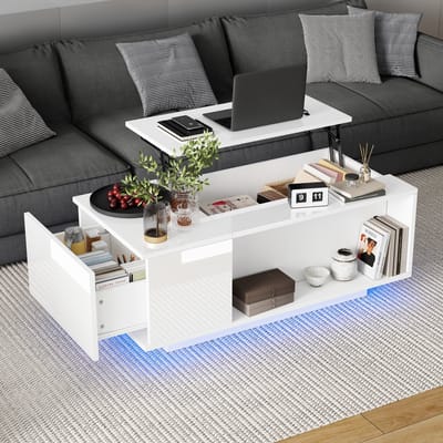 STILVORA Salontafels Koffietafel - Salontafel Met 1 Lade + LED Verlichting - Verstelbaar + Opbergruimte + USB - Woonkamer Tafel - 100x50x40 cm - Spaanplaat - Wit