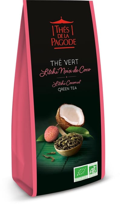 Thés de la Pagode – Groene thee Lychee en kokos - Losse Thee - Biologische thee  (100 gram)