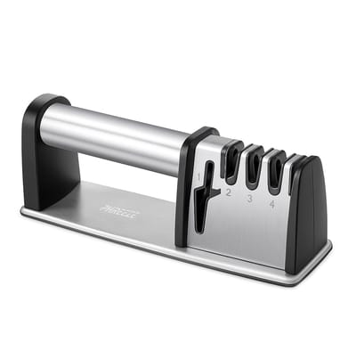 Phreeze Messenslijper en Scharenslijper - 4-in-1 Handmatige Messen Slijper - 3 Slijpfasen (Grof, Fijn, Polijsten) - RVS Doortrekslijper - Antislip & Ergonomisch - Met Handvat