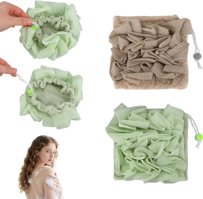 2-in-1 Exfoliërende Loofah Wasdoeken voor Bad en Douche, Snelle Schuimdoek met Trekkoord voor Mannen en Vrouwen (Groen, Khaki)