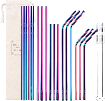 House of Husk® Metalen Rietjes Rainbow - RVS - Herbruikbare Rietjes - Boba - Smoothie - Smal en Breed - 16 delig - Inclusief Reinigingsborstels en Opbergtas