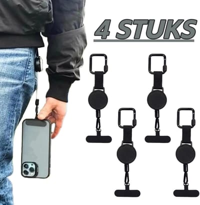OIMG Smartphone Veiligheidskoord - 4 stuks - Anti-diefstal telefoonkoord - Geschikt voor elke telefoon - Uittrekbaar Koord - Verlenging 65 cm - universele - Voor Outdoor Accessoire Wandelen Fietsen Klimmen - rechthoekig - zwart