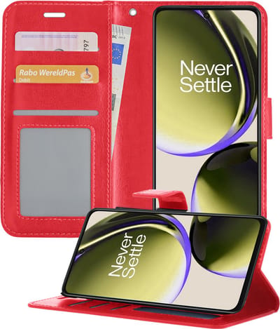 Hoesje - Met Pasjeshouder - Geschikt voor OnePlus Nord CE 3 Lite - Luxe Bookcase Portemonee - Flip Case - Kunstleer Book Case - Flipcase - Book Cover - Walletcase - Portemonneehoes - Telefoonhoesjes - Rood