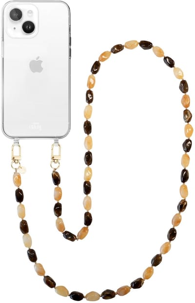 xoxo Wildhearts telefoonhoesje geschikt voor iPhone 13 - Amber Dust (lang koord) - siliconen hoesje met koord - Backcover met telefoonkoord - Telefoonhanger stenen ketting - Beige / Bruin
