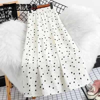 Bloemenrok Chiffon Bedrukte A-lijn Rok Dames Zomer Grote Swing Rok Kleine Bloemenrok Polka Dot Rok Middellange Lengte XXL white