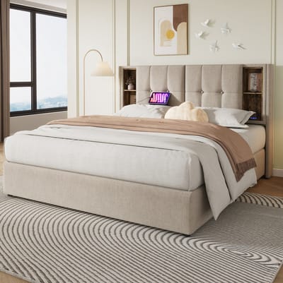 MEUNIQ tweepersoons bedframe 160x200 cm met opbergruimte, draadloos laden, USB en USB-C, stoffen bed met lattenbodem en open vakken voor slaapkamer, naturel