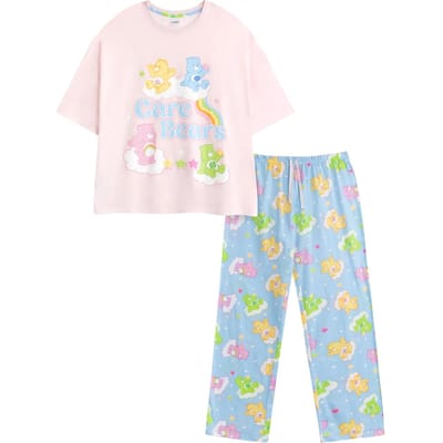 Ensemble de pyjama long à manches courtes pour femme avec personnages Care Bears M rose/bleu