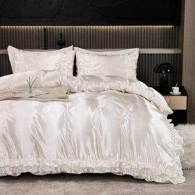 3-DELIG satijnen dekbedovertrekset Zijde Wit Kaki En Roze Beddengoed Dekbedovertrek Zijdeachtig Ruchespatroon Luxe Zijdeachtig Beddengoed Zacht 229x229cm-US-Queen