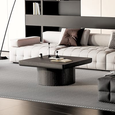 HAUSS SPOLE Salontafel - Vierkant Met Parketblad En Cilindervoet - Voor Woonkamer - Massief Hout En MDF - 78 Cm - Zwart