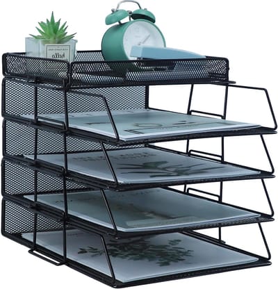 Papier Organizer - Bureau Opslag - Documenten Sorteren - 4 Lagen Mesh - 25 x 32 x 275 cm - Zwart