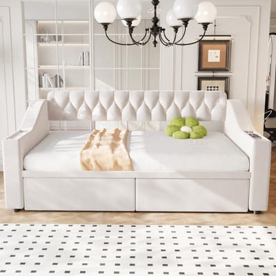 VVBV Slaapbank 90x190 cm met Lades, USB - Planken, Opbergruimte - Fluweel Beige